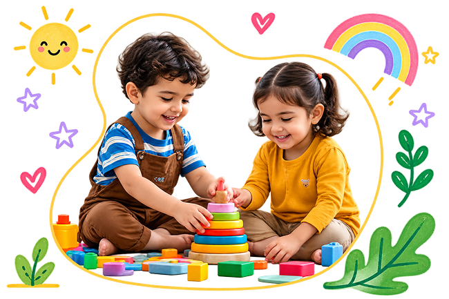 Two children playing with a stacking ring toy on the floor